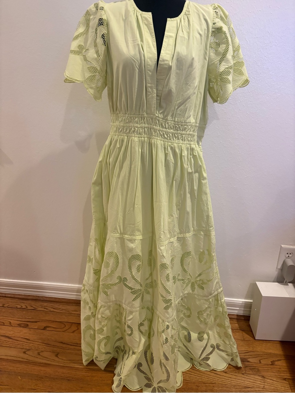 Anthropologie Lemon Green Eyelet Maxi Dress with Smocked Waist - Picture 2 of 6